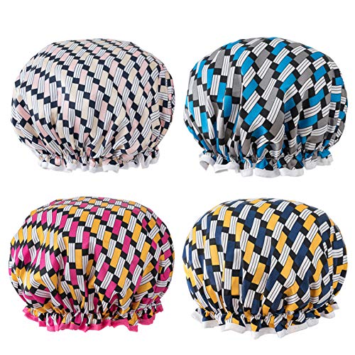 Shower Caps 4 Pack Bath Caps Perfect for Women most Hair Lengths and Thicknesses - Waterproof - Double Layer, Upgraded Version (Style 3)
