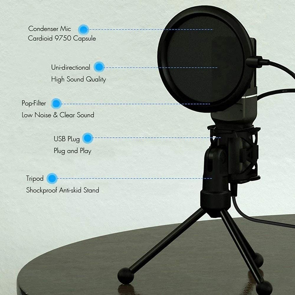 Supporto per Microfono Microfono da Tavolo USB Microfono a condensatore con Supporto Pieghevole Treppiede Filtro Anti-Pop per Registrazione Video su