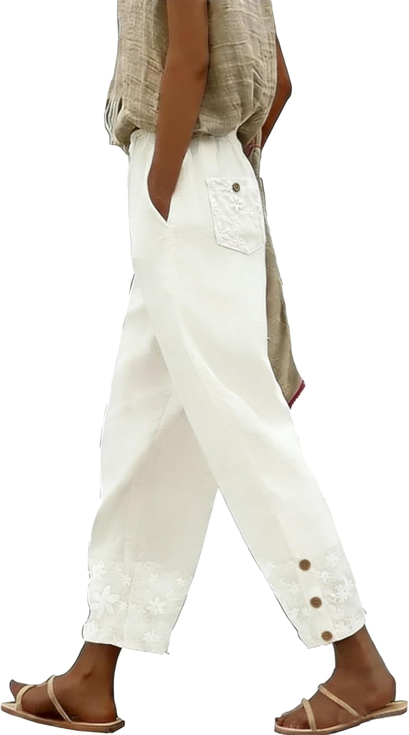 Women Linen Pants Summer 2026 High Waist Comfy Gauze Slacks Lightweight Casual Loose Trousers with Pockets