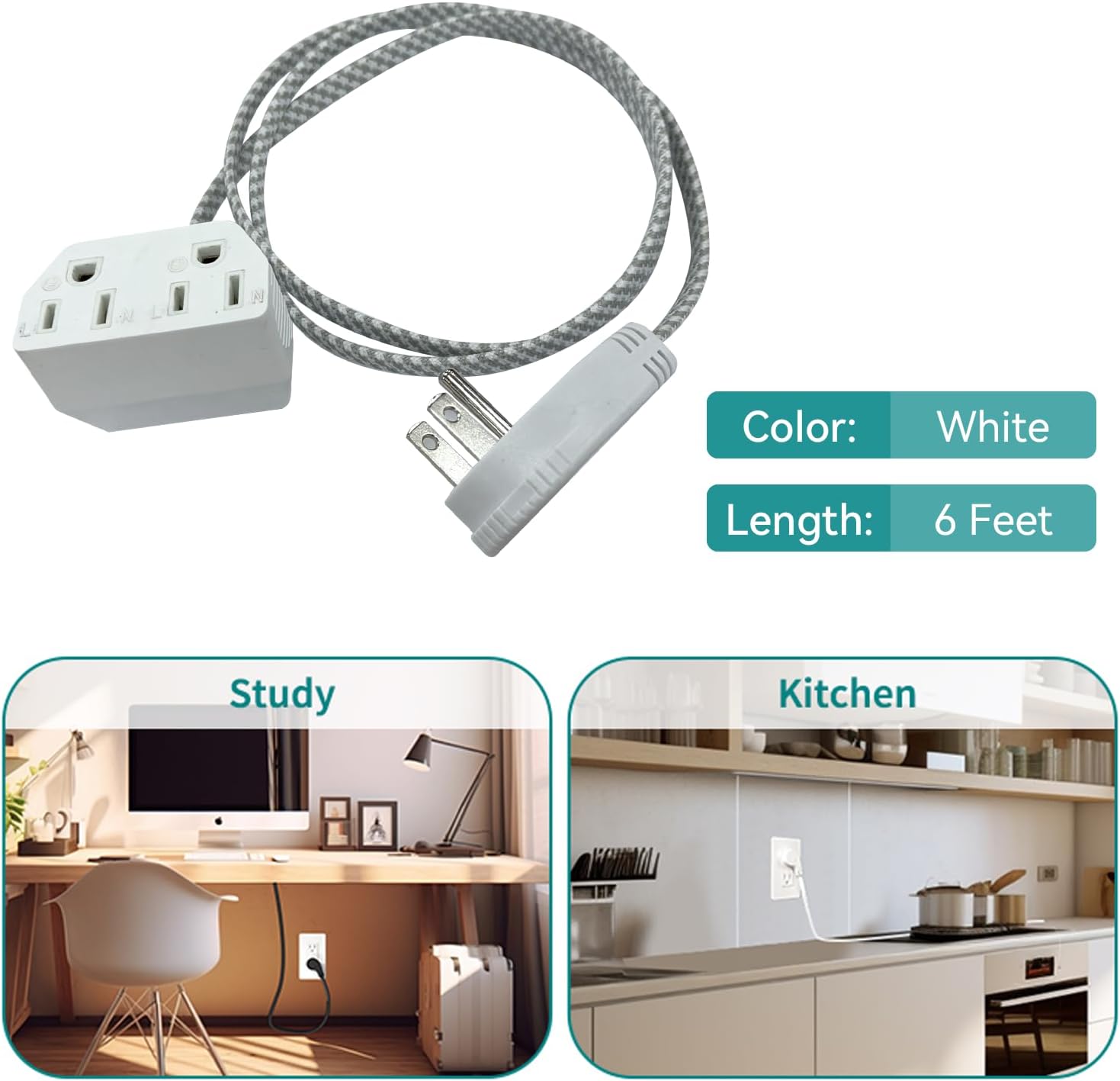 6ft Flat Plug Extension Cord/Wire 15A 120V, 16 AWG 2 Outlet Extension Wire Braided, 3 Prong with Safety Cover for Office Home Kitchen Outdoor Appliances