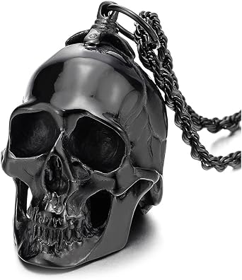 Large Stainless Steel Skull Pendant Necklace for Men High Polished with 30 Inches Wheat Chain