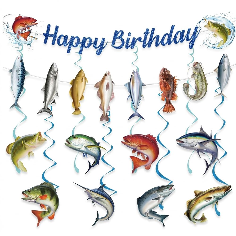 Fishing Party Decorations Set Fish Happy Birthday Banner with Hanging Swirls Realistic Fisherman Theme Ceiling Decor Bunting for Men Angler Ocean Celebration Supplies