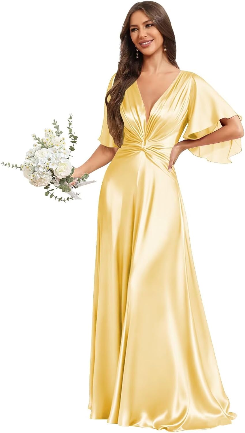 Ruffle Sleeve Bridesmaid Dresses Long for Women Satin Pleated A Line Formal Wedding Guest Dress