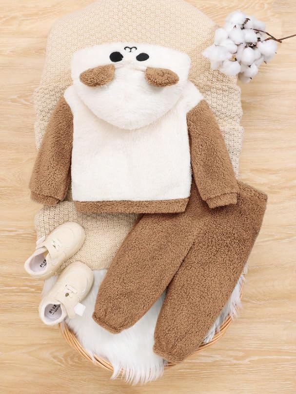 Image of Cartoon Character Design Kids' Fur Hooded Top and Pants Set, White and Brown