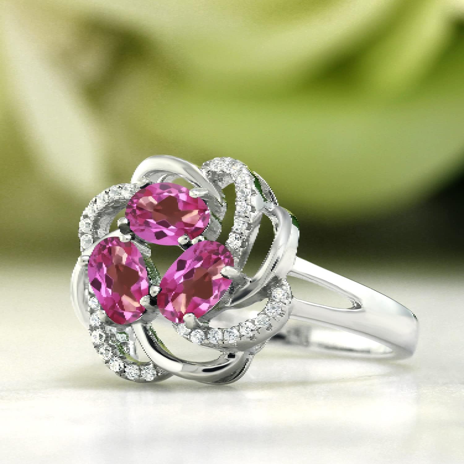 Gem Stone King 925 Sterling Silver Pink Mystic Topaz 3-Stone Flower Blossom Ring For Women | 1.87 Cttw | Oval 6X4MM | Gemstone Birthstone | Wedding Anniversary Engagement Promise Ring