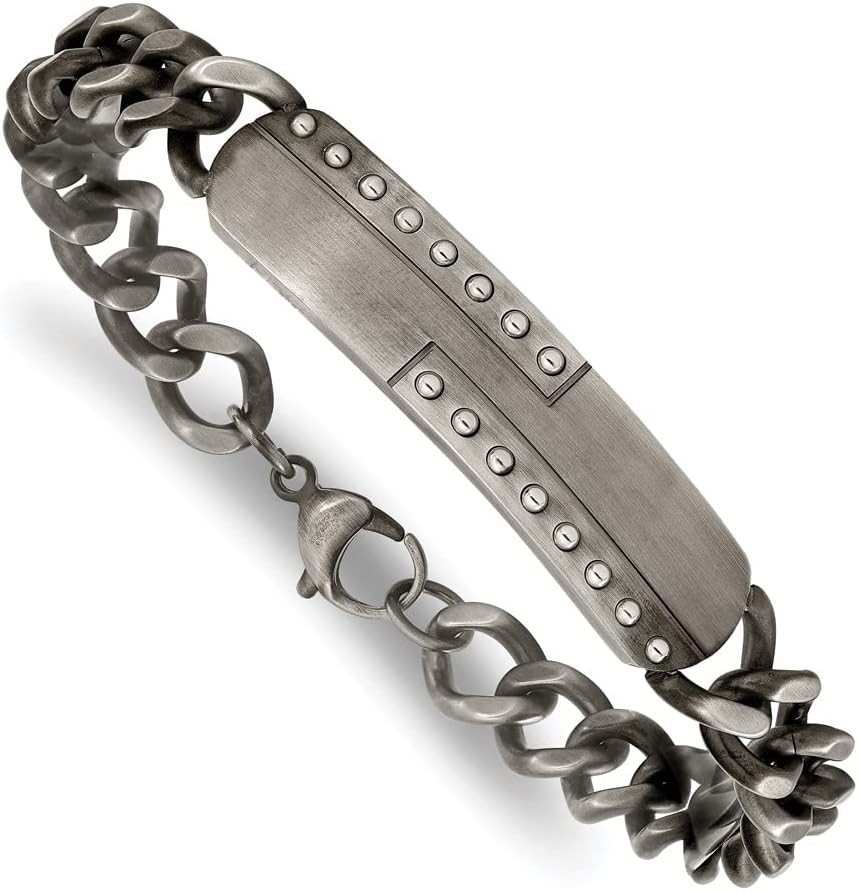 The Black Bow Mens 12mm Gun Metal Plated Stainless Steel Matte I.D. Bracelet, 9 Inch