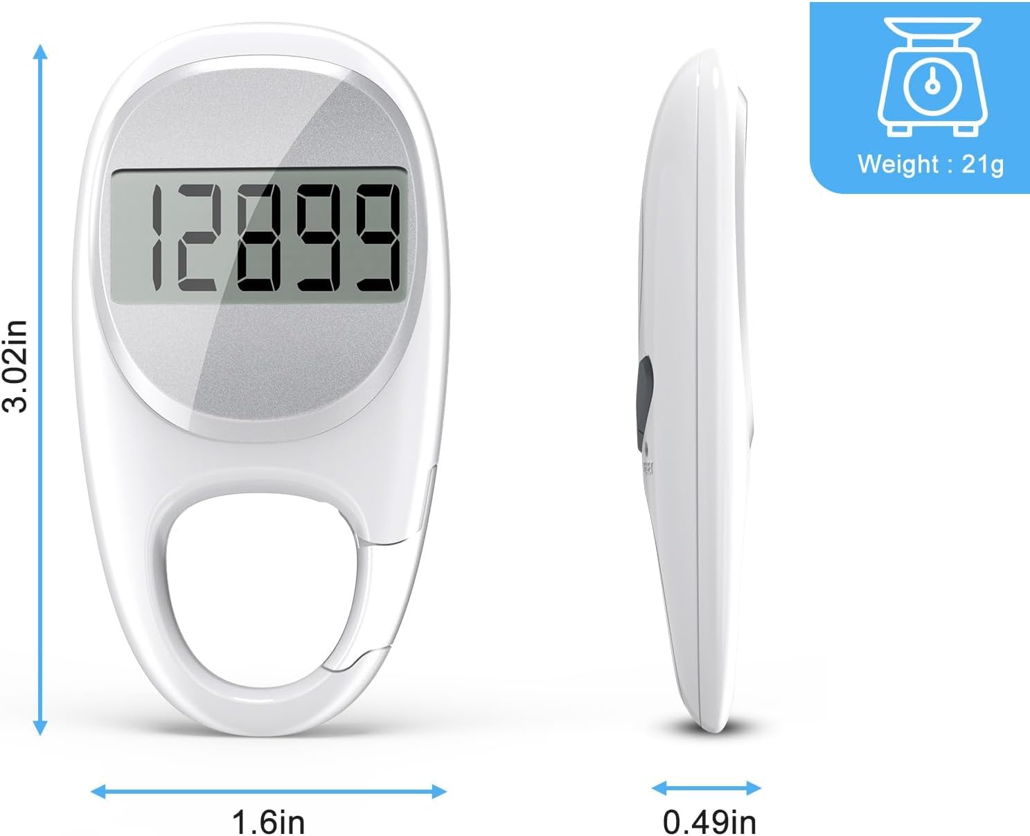 Simple Pedometer for Walking, Accurate Step Tracker with Carabiner, 3D Step Counter for Men Women Seniors - White