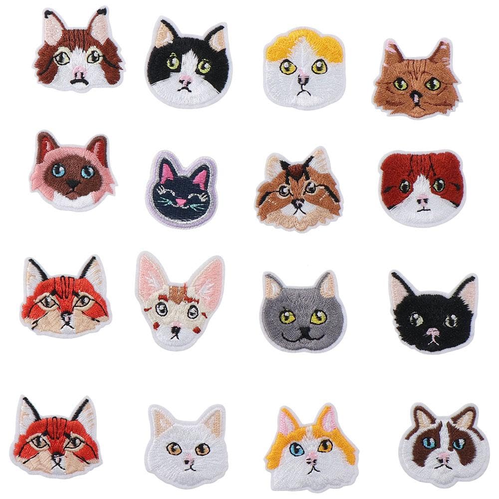 hobbyhub16Pcs Cat Embroidered Patches,Assorted Cute Kitten Iron on Patches,Sew On Decorative Appliques for Clothing