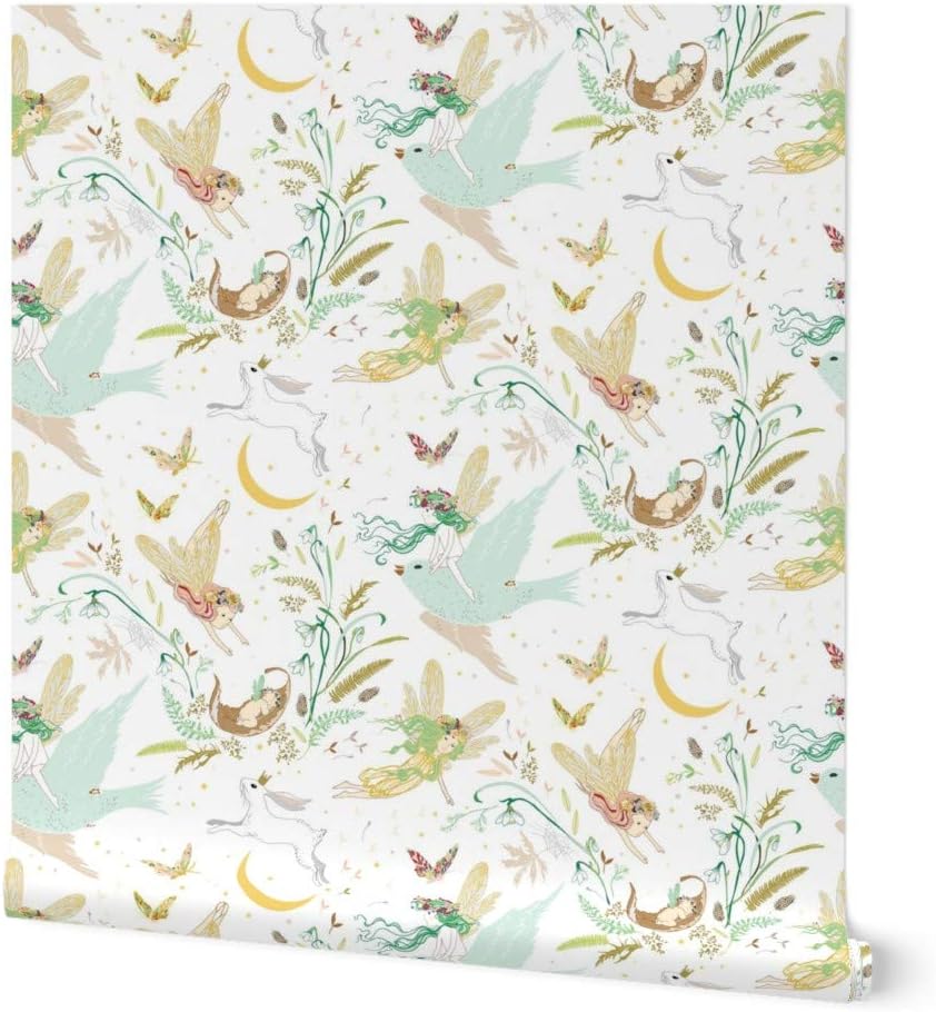 Removable Wallpaper 12ft x 2ft - Fairies White Fairy Girl Rabbit Bird Forest Custom Pre-Pasted Wallpaper by Spoonflower