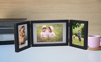 Black Triple Multi Photo Frame 2-6x4'' and 7x5'', Hinged Foldable 3 Picture Frames for Multiple Pictures 2-4x6''+ 5x7'', Black Wood effect College Picture Frames for Tabletop