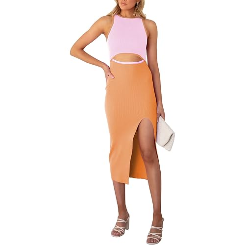 Pink Queen Women's Cutout Crew Neck Sleeveless Tank Slit Ribbed Bodycon Midi Dresses