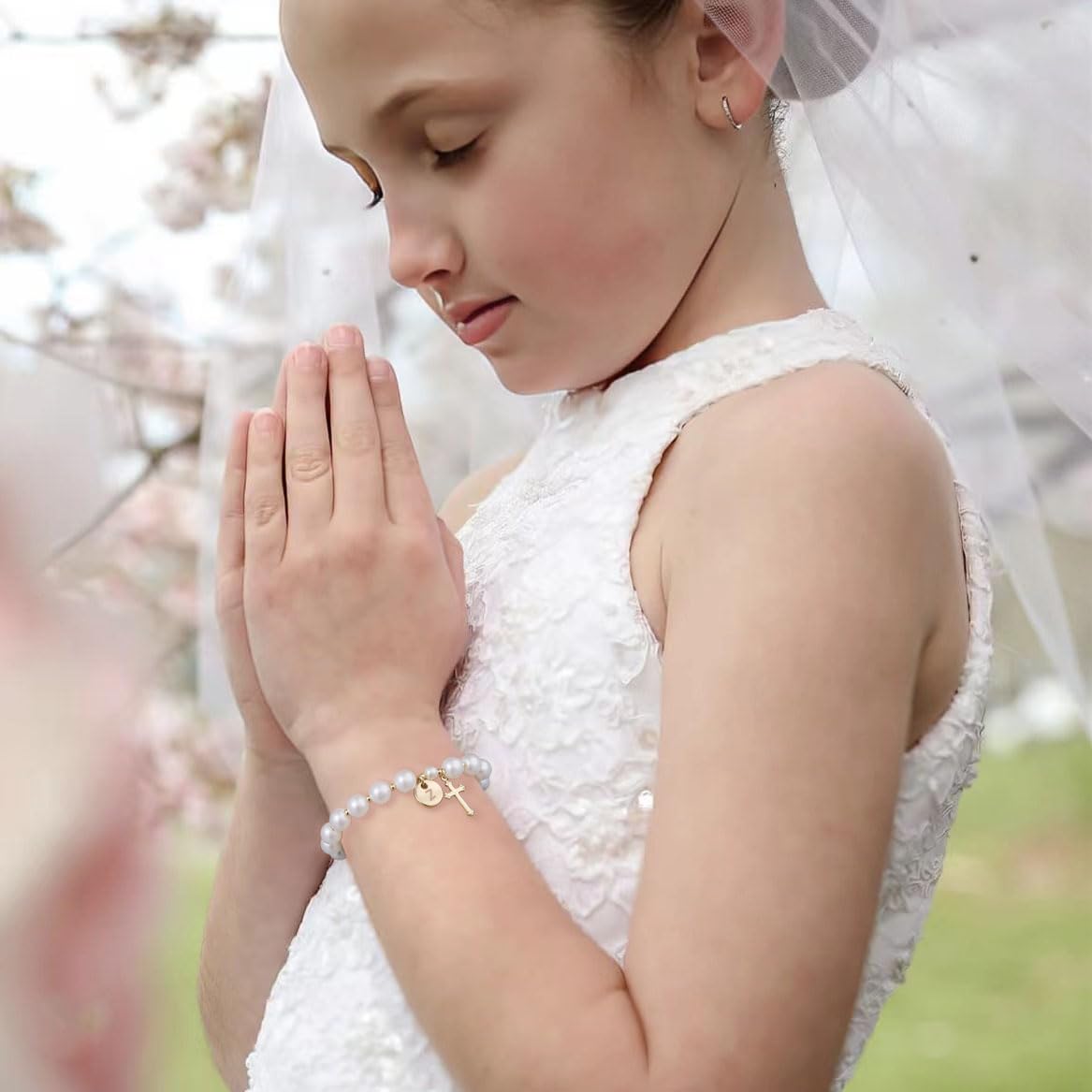 Initial First Holy Communion Confirmation Baptism Bracelets Gifts for Women Girls, Catholic First 1st Communion 14K Gold Pearl Cross Charm Bracelet Personalized A-Z for Goddaughter Niece