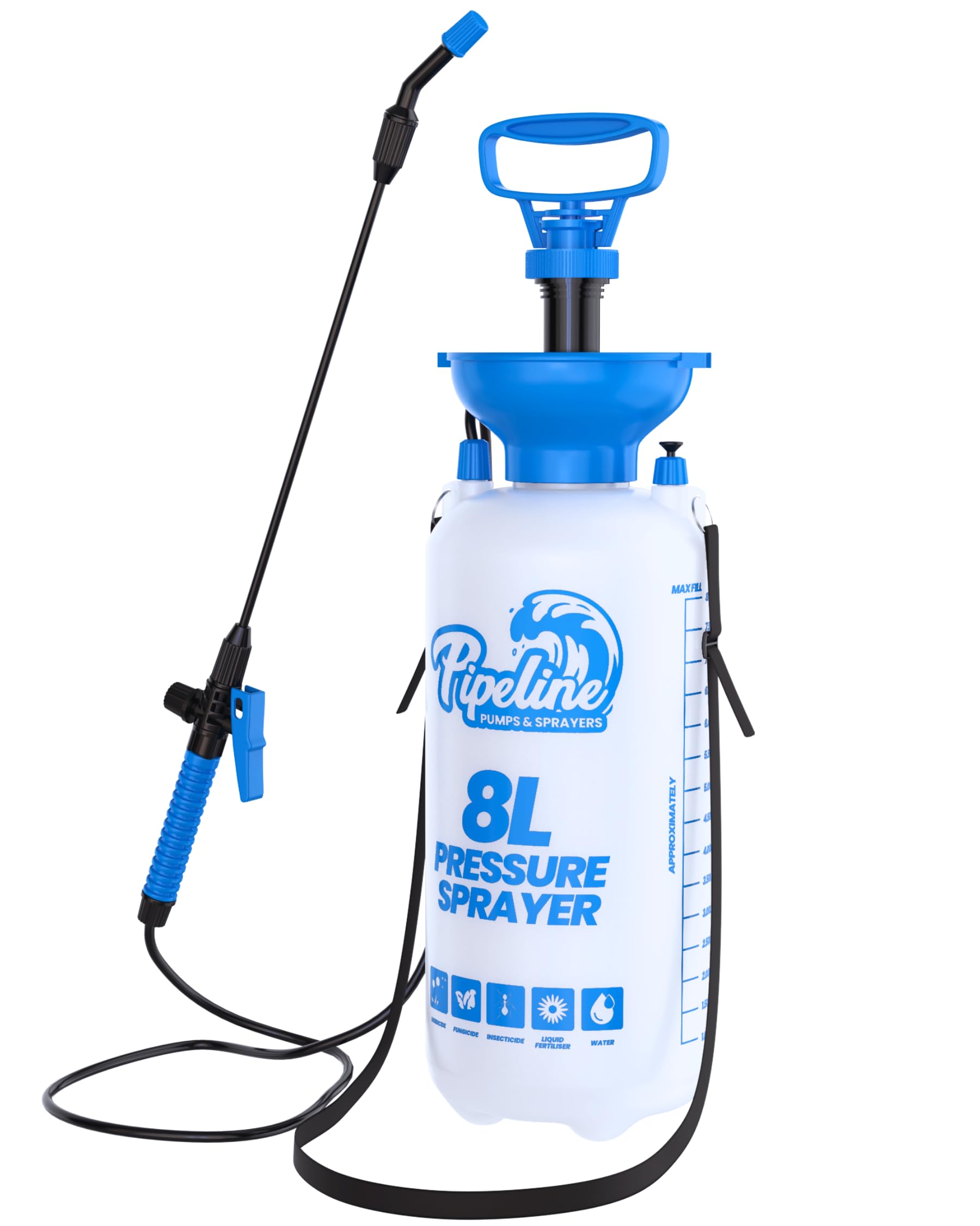 8L Pipeline Pressure Sprayer with Shoulder Strap & Spray Wand – Multi-Use Garden Sprayer for Fertilisers, Pesticides, Cleaning Agents & More. With Easy Pump Action, Adjustable Nozzle & Safety Valve