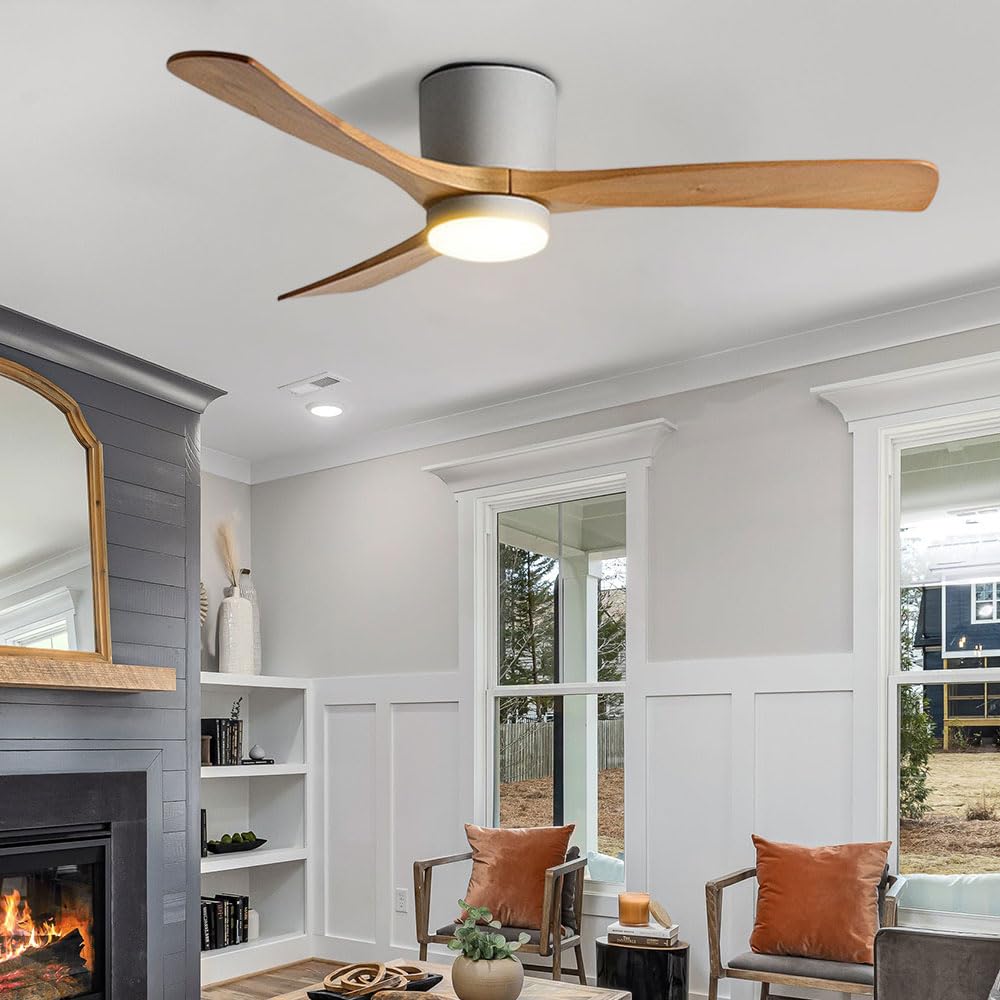 IBalody 48in Quiet Ceiling Fan with Light Indoor Remote Ceiling Fan Light 6 Gear Wind Speed Fan Lights White LED Ceiling Lights Fan Lighting Wooden Blades for Living Room Dining Room Bedroom