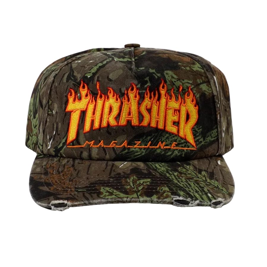 Camo Distressed Flame Snapback Hat For Men