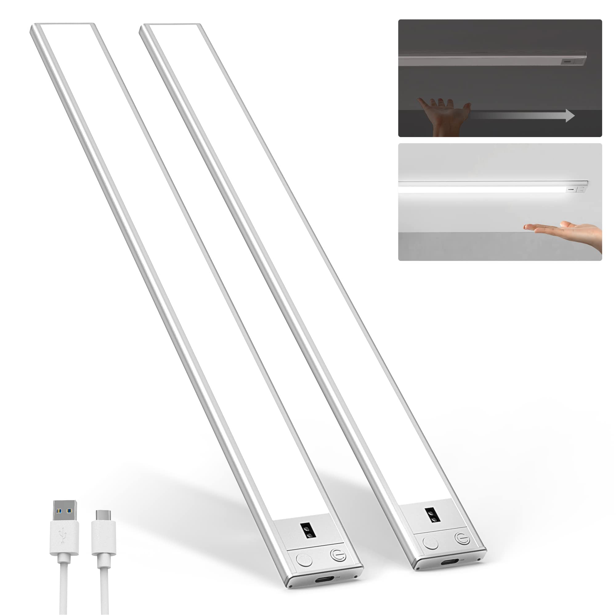 JACKYLED16″ Under Cabinet Lights for Kitchen 2 Pack, Rechargeable Stick-on Desk Lighting, Updated Wave Sensor 65 LED 3000mAh Battery Under Counter Lights in Kitchen, Closet, Bedroom