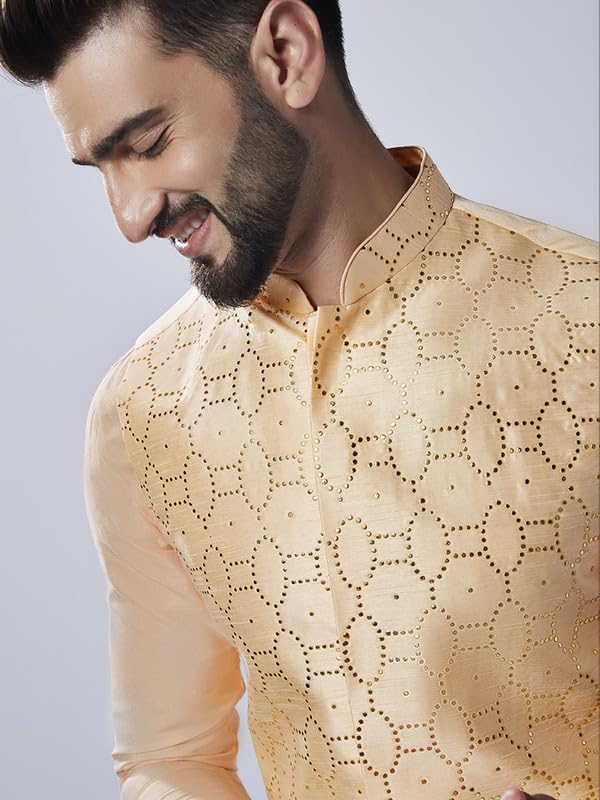 Image of KISAH Men Printed Kurta Jacket Set, Full Sleaves, Knee Length, Straight, Regular Fit, Mandarin Collar Ethnic Wear