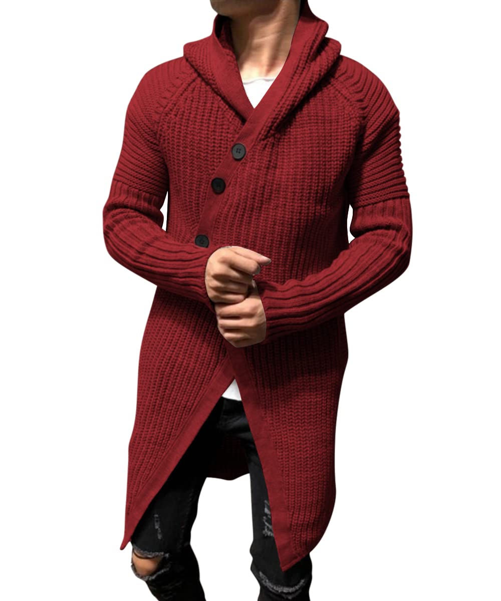 Esobo Mens Long Hooded Cardigan Button Up Knit Sweater Long Sleeve Cardigan Sweaters with Pockets