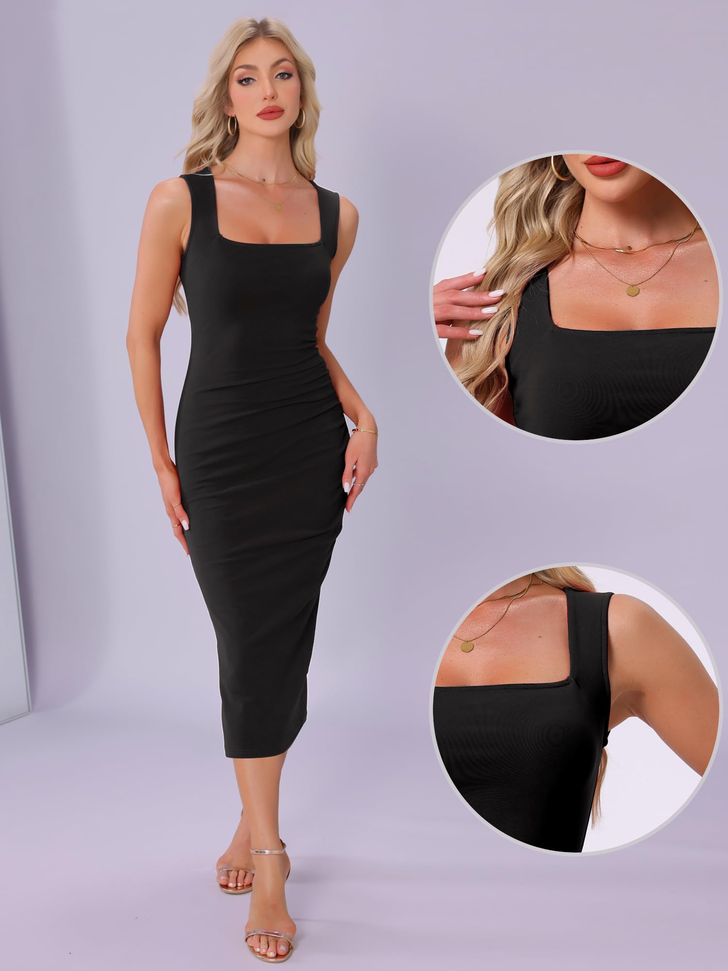 Allegra K Mujer Vestido Sin Mangas Elegante con Escote Cuadrado Cintura Fruncida Ajustado para Fiesta de Noche Midi