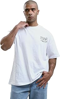 تيشيرت بأكمام بطول الكوع للرجال مع طباعة أمامية وخلفية عصرية من ريفين، أبيض مرقش