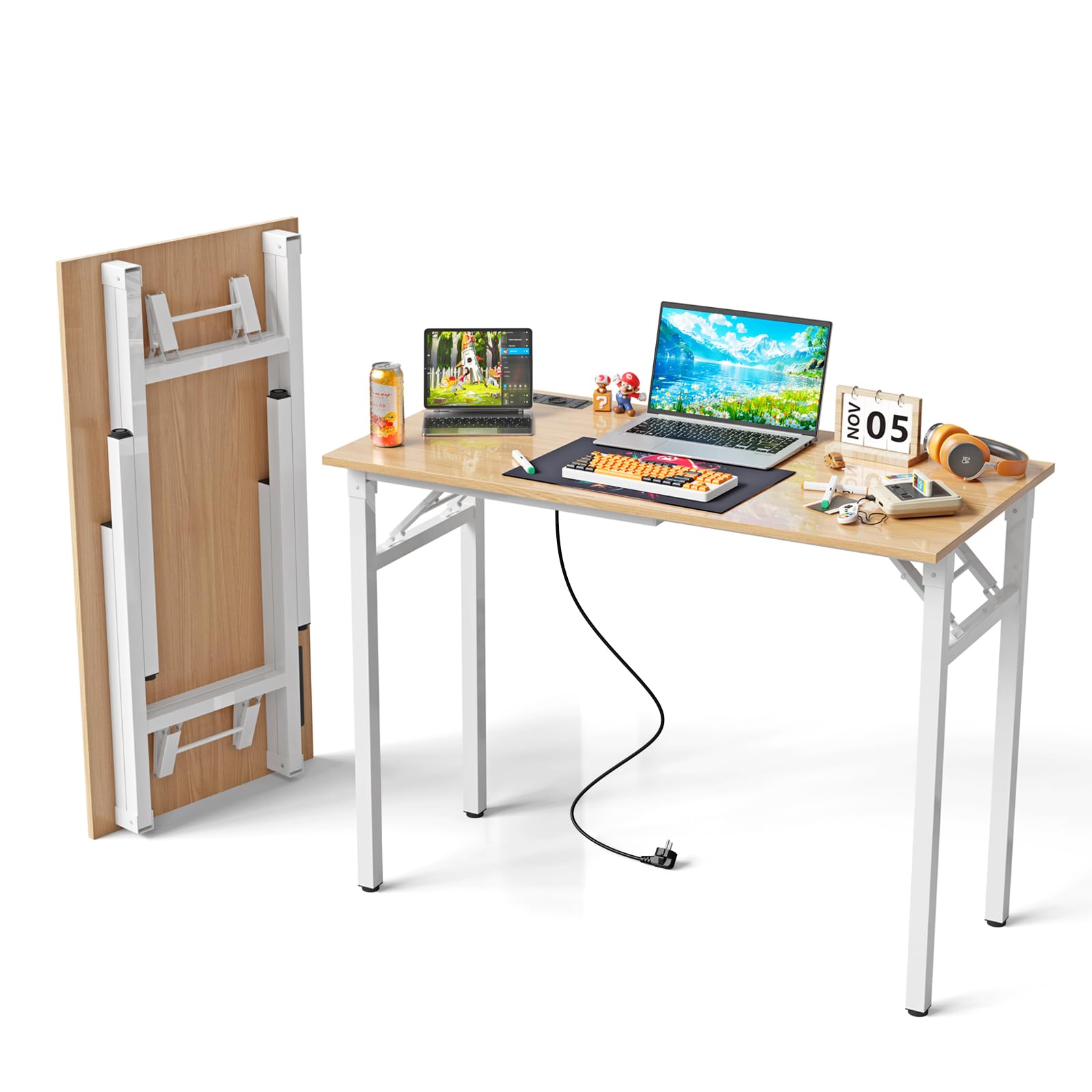 Bureau pliable pour petit espace résolvant le manque de place et de prises