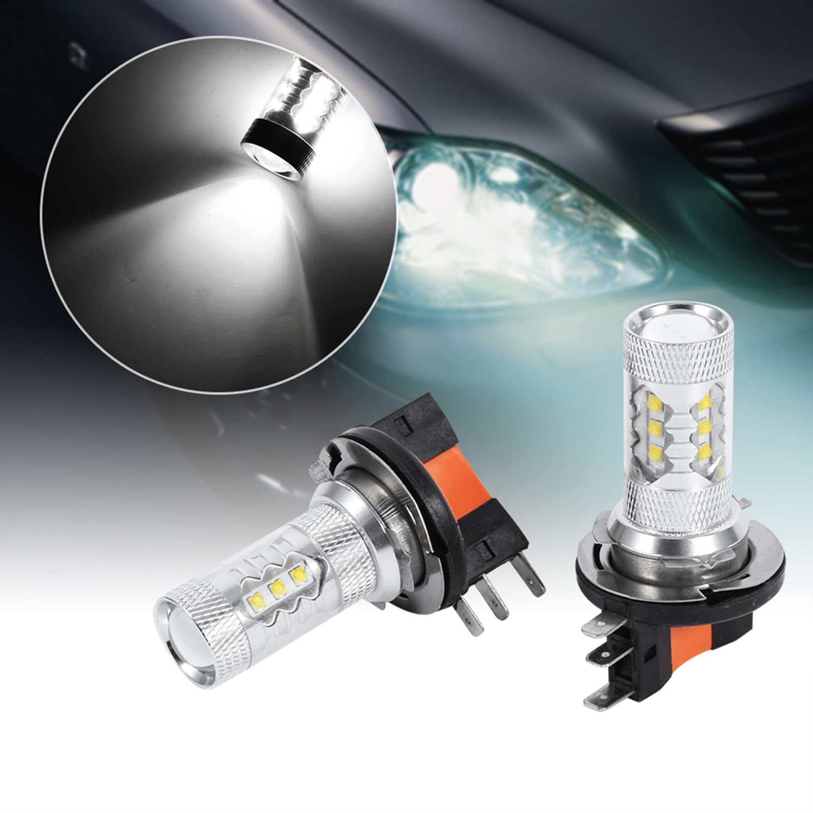 Lampadine LED Auto H15 da 80 W, 2 pezzi, luce bianca pura 6500 K, super luminose 1200 lm, adatte per fendinebbia, DRL e fari anteriori, facile installazione