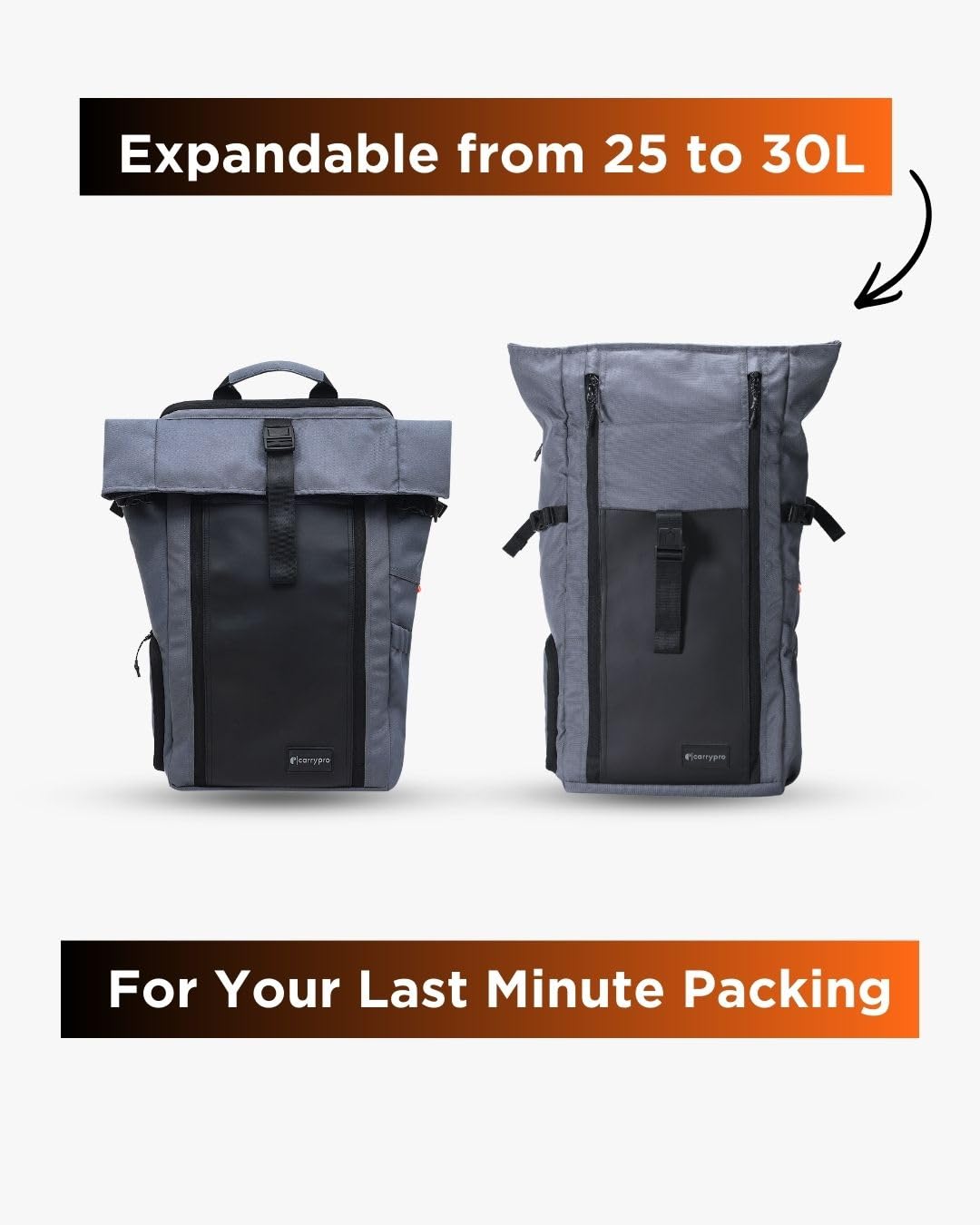 CarryPro HOBO25 V3.0 Roll-Top Zipper Laptop and Camera Travel Backpack (25-30L), Removable Camera Box, Water-Resistant + Raincover, 2-Yr Warranty – For Work, College & Travel (Space Grey) 4