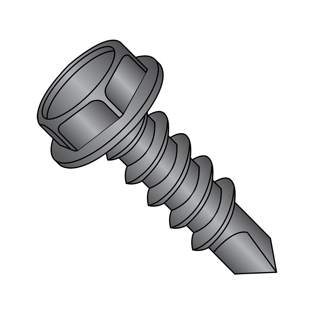 Steel Self-Drilling Screw, Black Zinc Plated Finish, Hex Washer Head, Hex Drive, #2 Drill Point, #8-18 Thread Size, 1-1/4