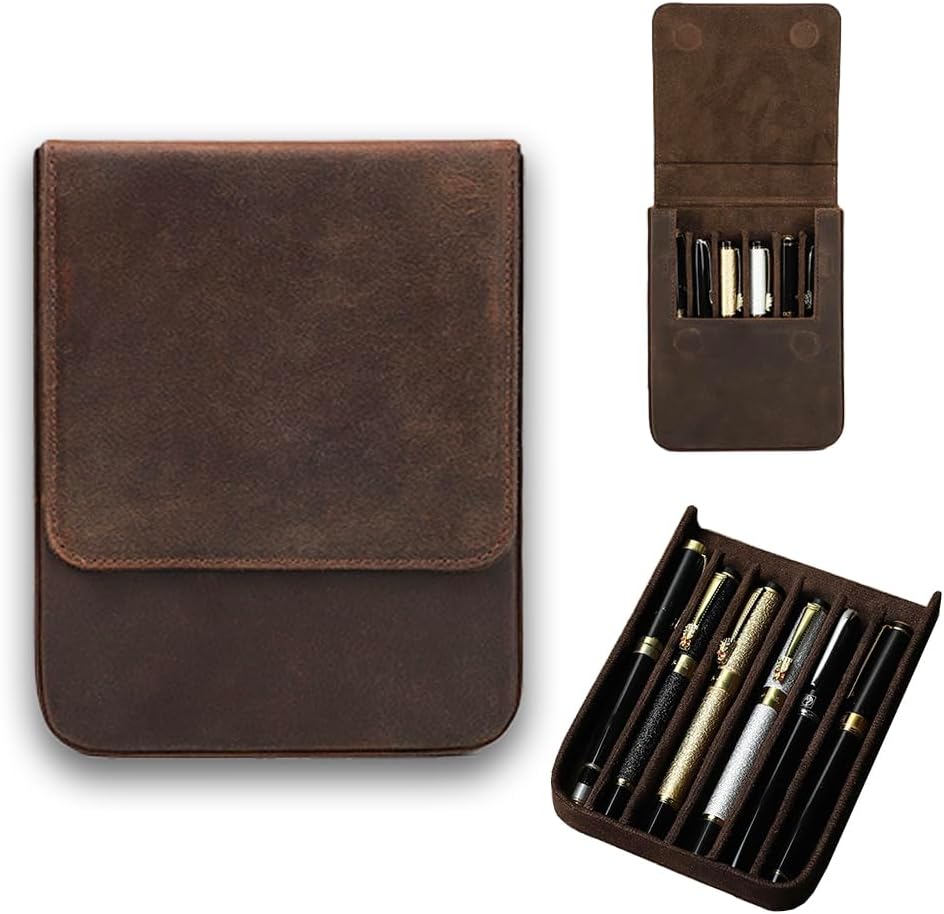 Estuche de cuero para bolígrafos de seis asientos – Organizador de oficina plegable con concha