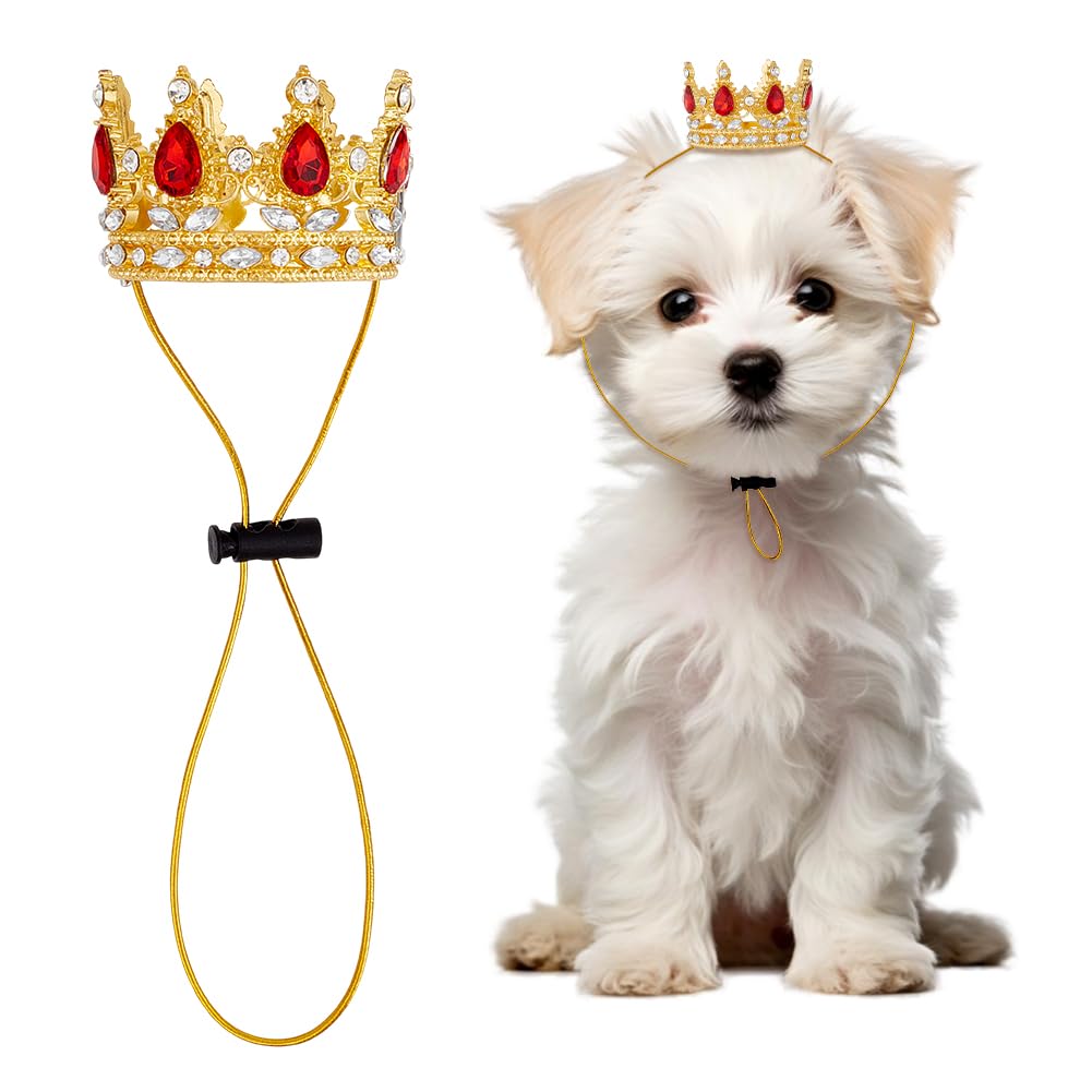 OLYCRAFT Pet Rhinestone King Crown Red Rhinestone Dog Crown with Adjustable Strap Party Costume Accessories Golden Queen Crowns for Small Dog Cats Weddings Birthday Cosplay Party Photos Prop