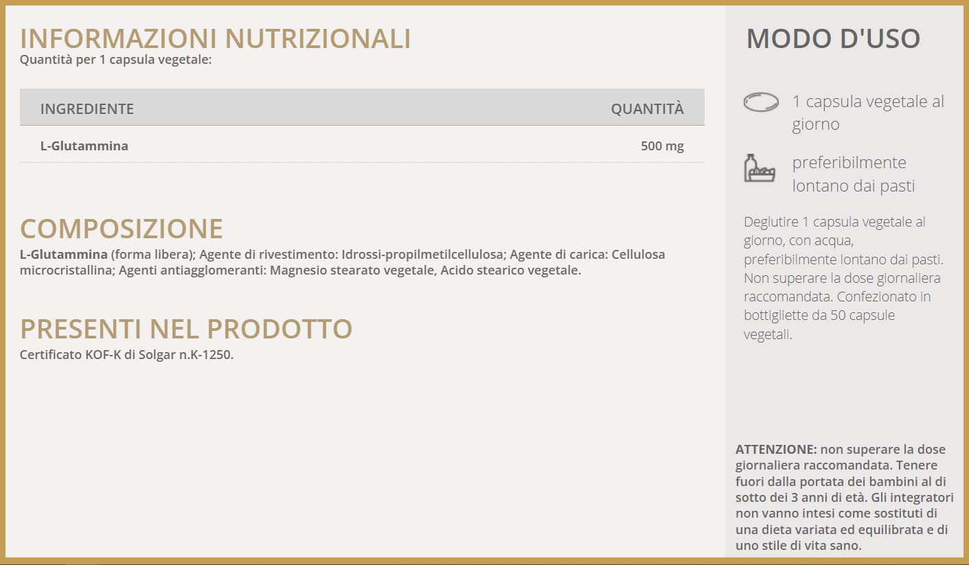 Solgar AMINO GLUTAMMINA 500, 50 capsule vegetali – L-Glutammina – supporto proteico