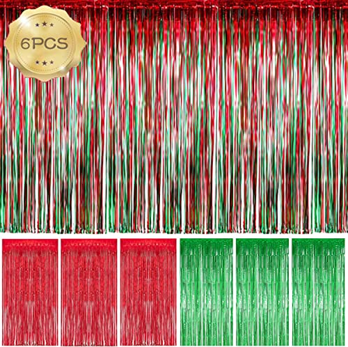 6 Pack Foil Fringe Curtains - Christmas Party Decoration Red & Green Metallic Shimmer Curtains 3.28 x 8.2 ft