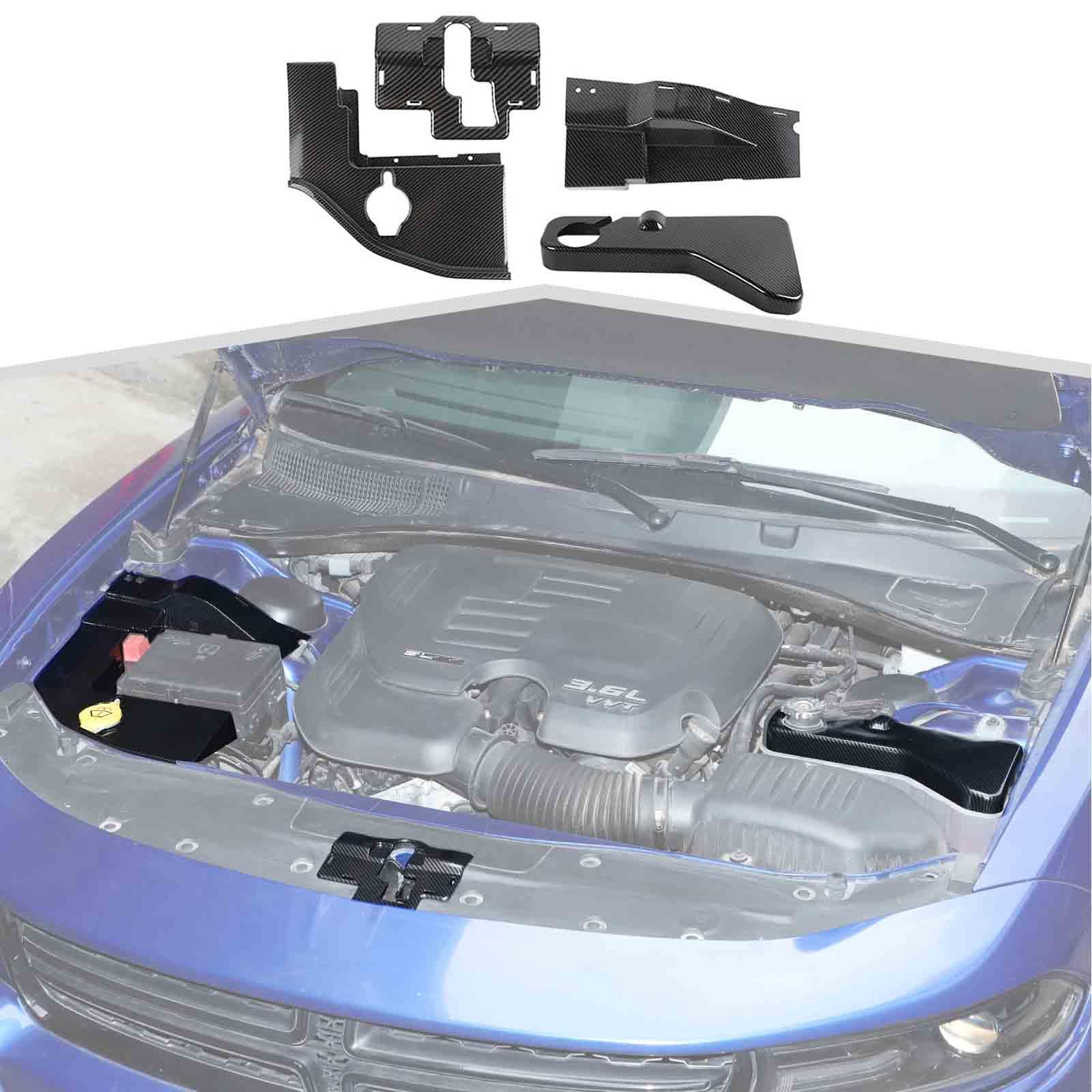 Carbon Fiber Engine Wire Dust Cover Engine Hood Lock Cover Coolant Pot Cap Windshield Washer Tank Engine Hood Cover Kit Compatible with Dodge Charger 2011-2023 4PCS