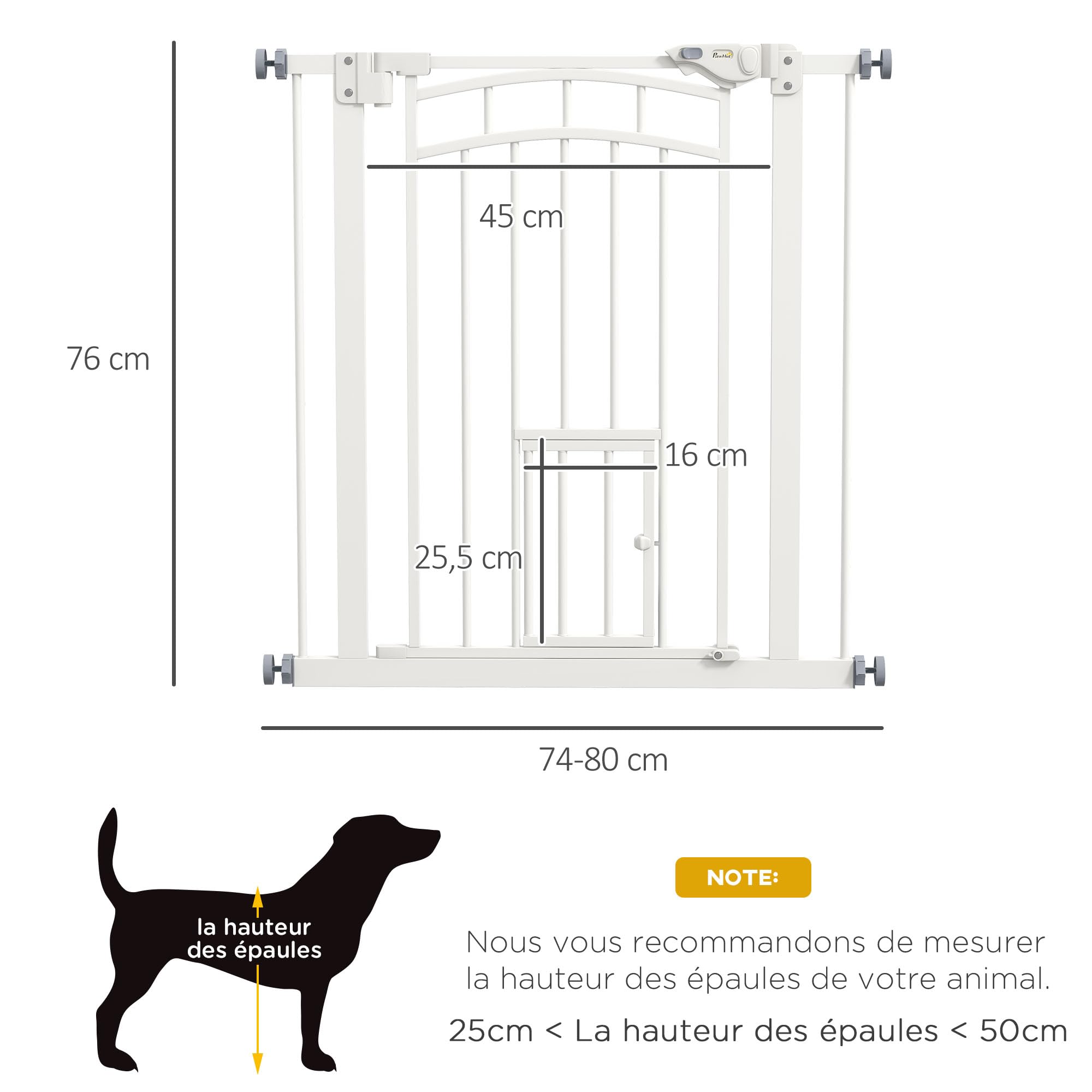 PawHut Barrière de sécurité Chien, barrière d'escalier à Fixation par Pression sans percer, Porte Fermeture Automatique, système de Double Verrouillage, 74 à 80 cm, Acier, Blanc | Barrière d'Escalier, Sans Percer, Porte Fermeture Automatique, Système de D