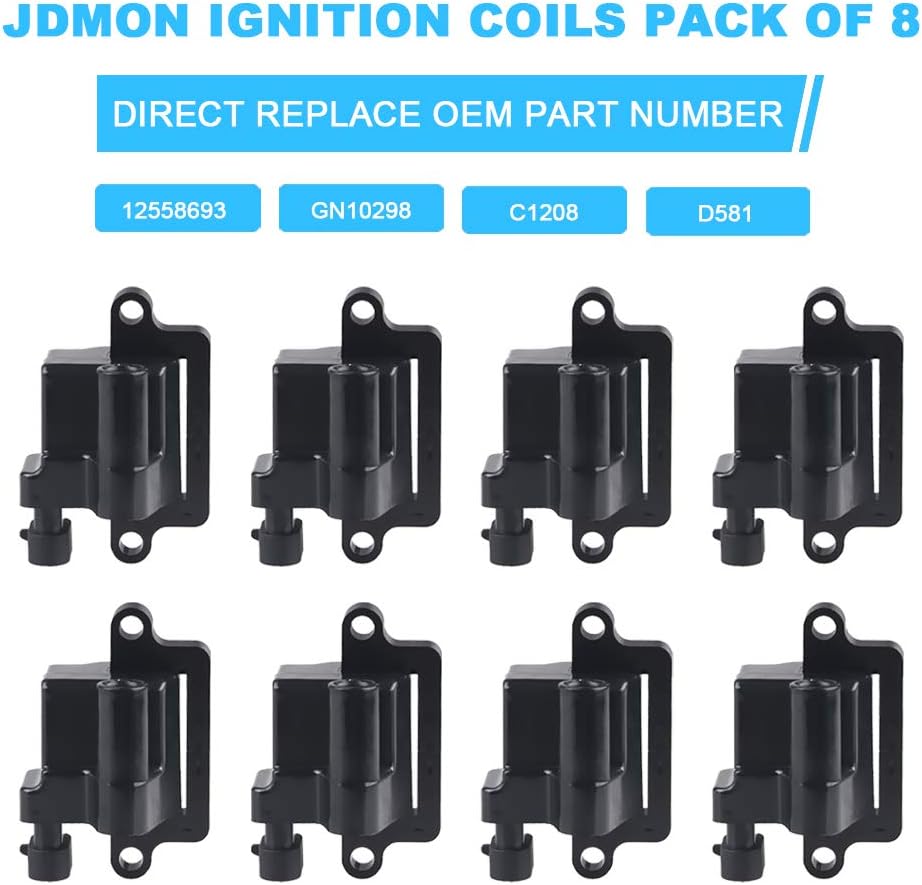 JDMON Ignition Coil Pack Compatible with Chevy Silverado 1500 2500 Tahoe Avalanche Suburban Express GMC Sierra Savana Yukon Cadillac Escalade Replaces 12558693 GN10298 C1208 D581 Pack of 8