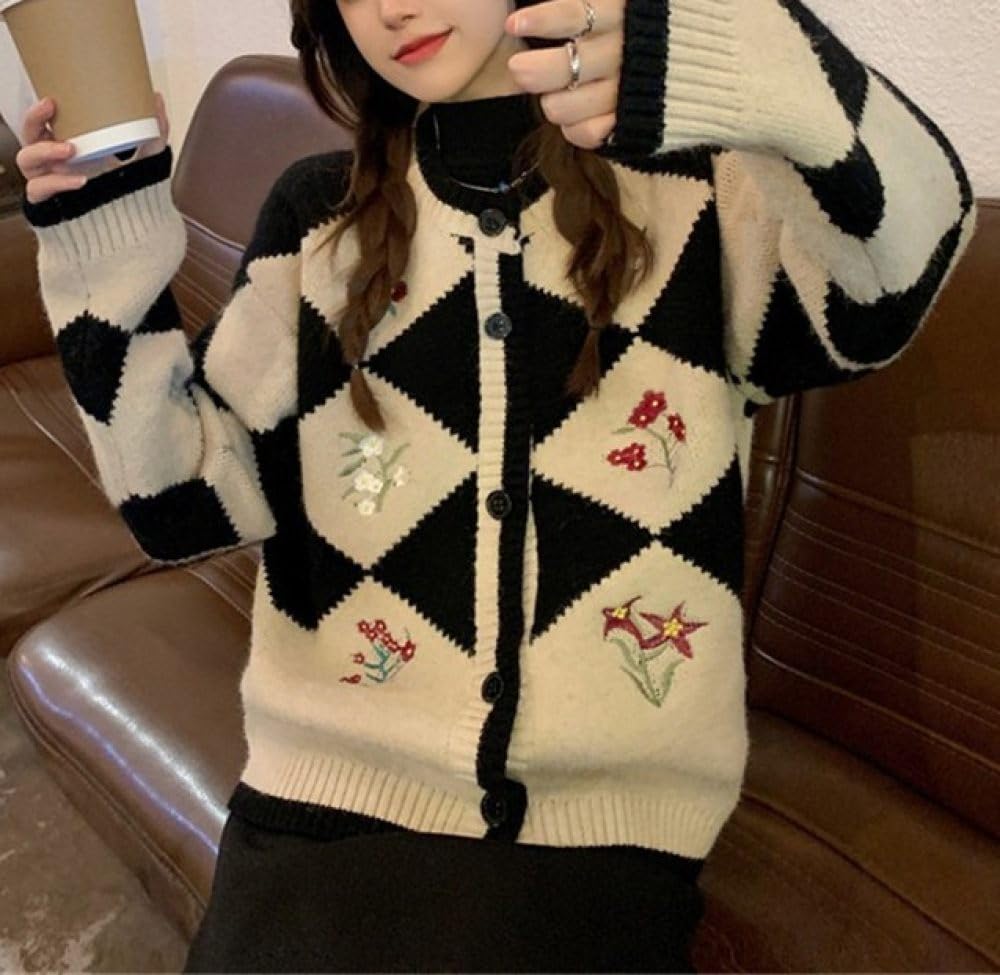 HGJH Damen Strickjacke lässige Blumenstickerei Knöpfe vorne offen Strickjacke Elegante Übergangsjacke Leichter Kimono Mantel Oberbekleidung Herbst und Winter S
