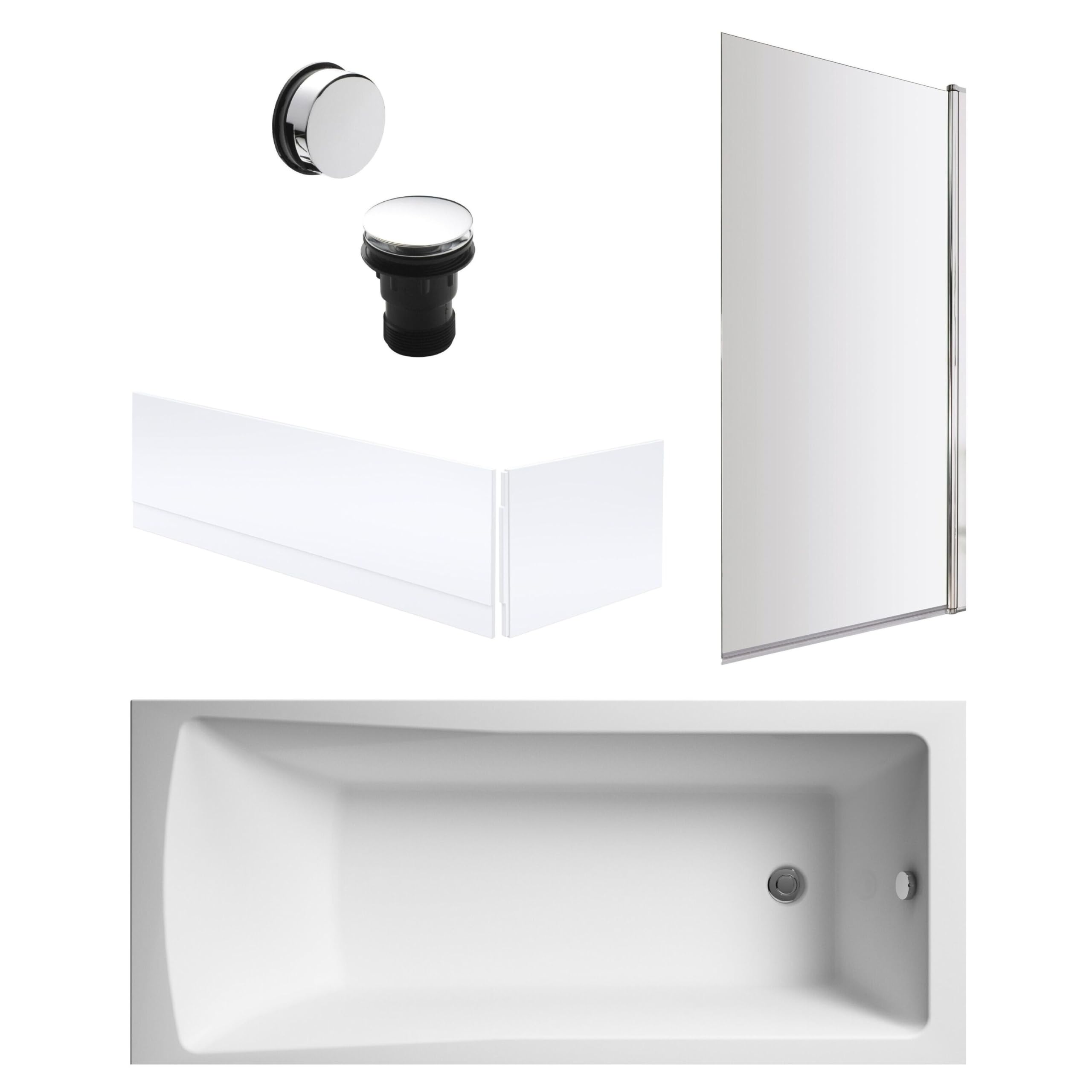 Balterley White 1700 X 700Mm Square Shower Bath With Leg Set, Chrome Rectangular Shower Screen, Chrome Waste & Front & End Bath Panels, Straight Single Ended Gloss Soaking Bathtubs