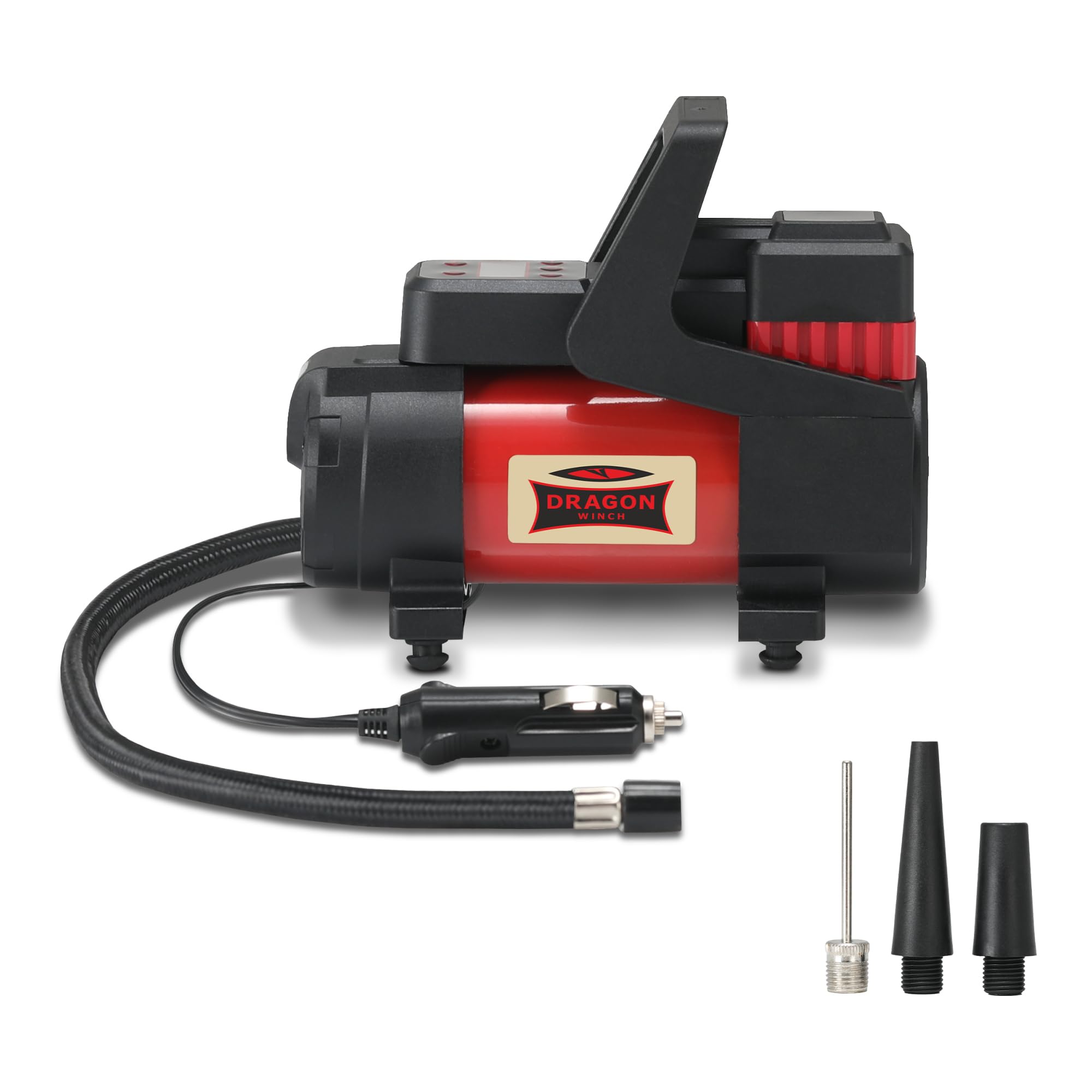 Dragon Winch Compresor aire portátil con LED 12V | 10,3 BAR/ 150 PSI con 35 l/min de capacidad + manómetro digital integrado, toma de mechero, bolsa de transporte, 3x boquillas intercambiables