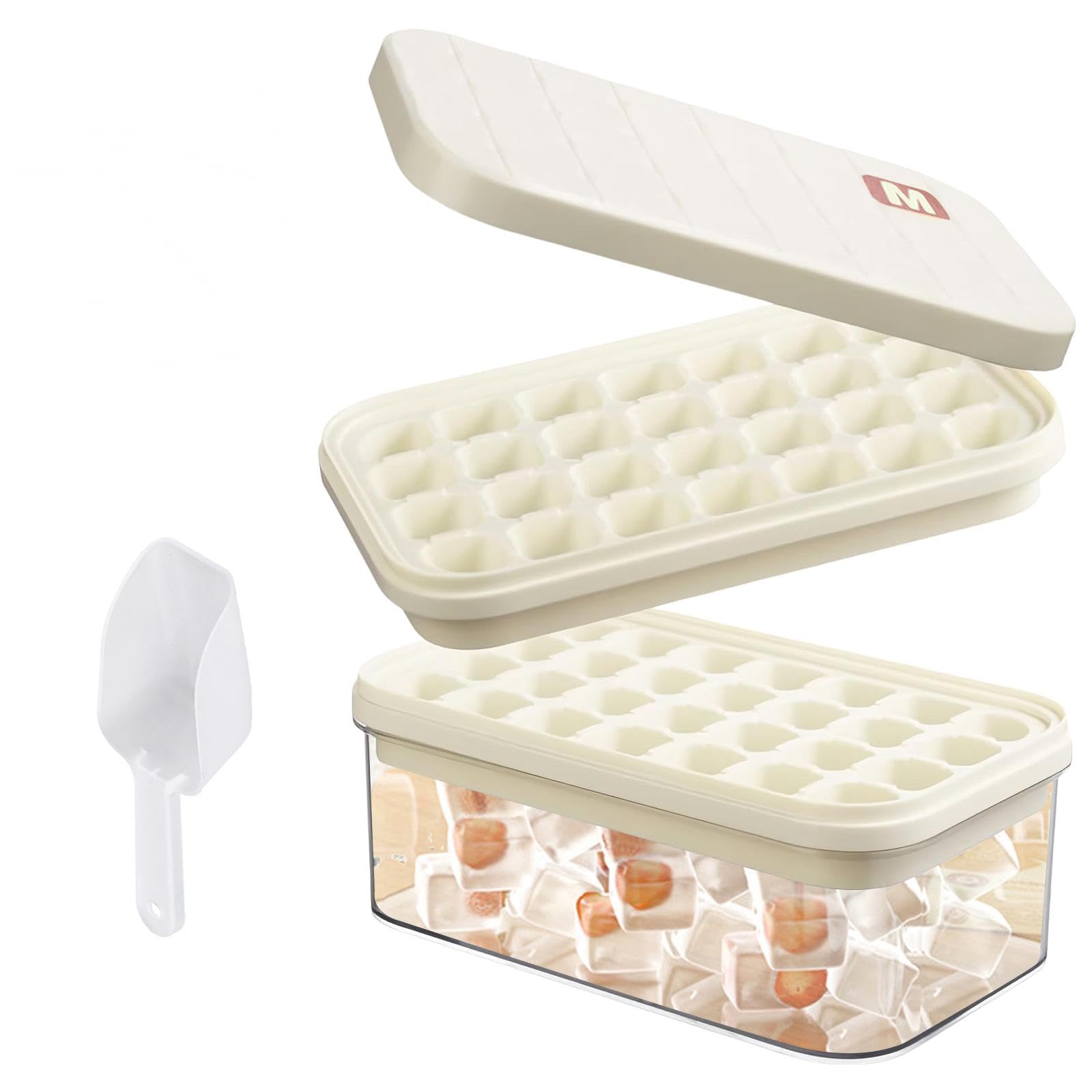 Ice Cube Tray with Lid Bin, 56 Cube Silicone Ice Cube Moulds, Stackable Ice Trays for Freezer with Easy Release, Ice Cube Tray Set with Container, Lid & Scoop for Drinks, Coffee, Cocktails (2 Trays)