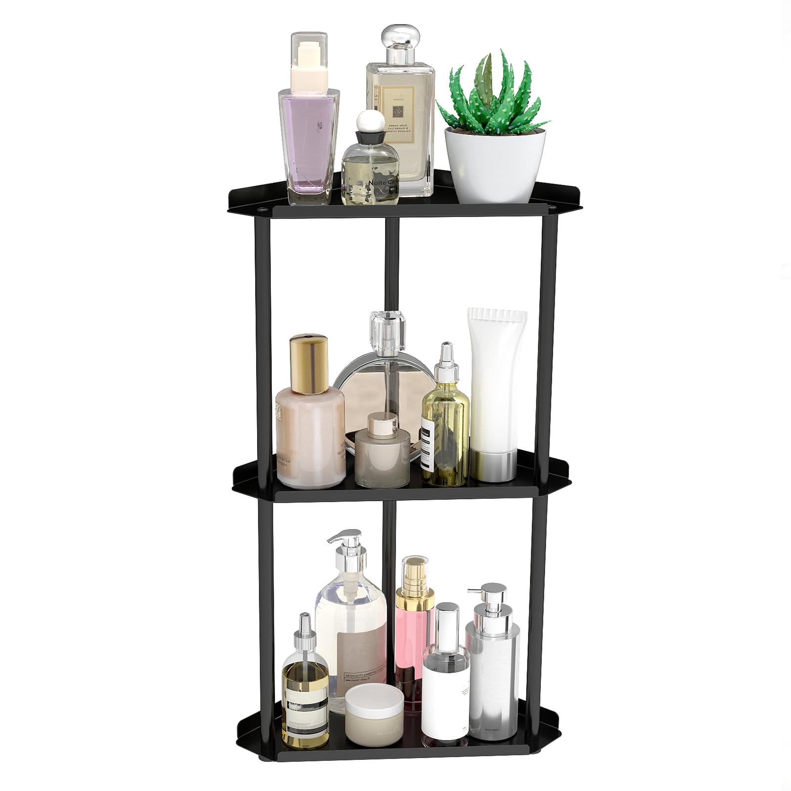 STWWO 3 Tier Bathroom Countertop Corner Organizer 27x15x50 cm Corner Storage Shelf for Bathroom Counter Metal Vanity Trays Skincare Makeup Storage Rack Stand, Matte Black