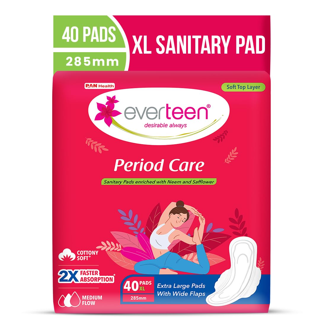 everteen Sanitary Pads XL 40 Pcs for Women, Cotton Sanitary Napkin XL 285mm, Extra Long Pad for Medium Flow, Wider Back Coverage for No Stains, Rash Free 8 Layer Protection - Pack of 1