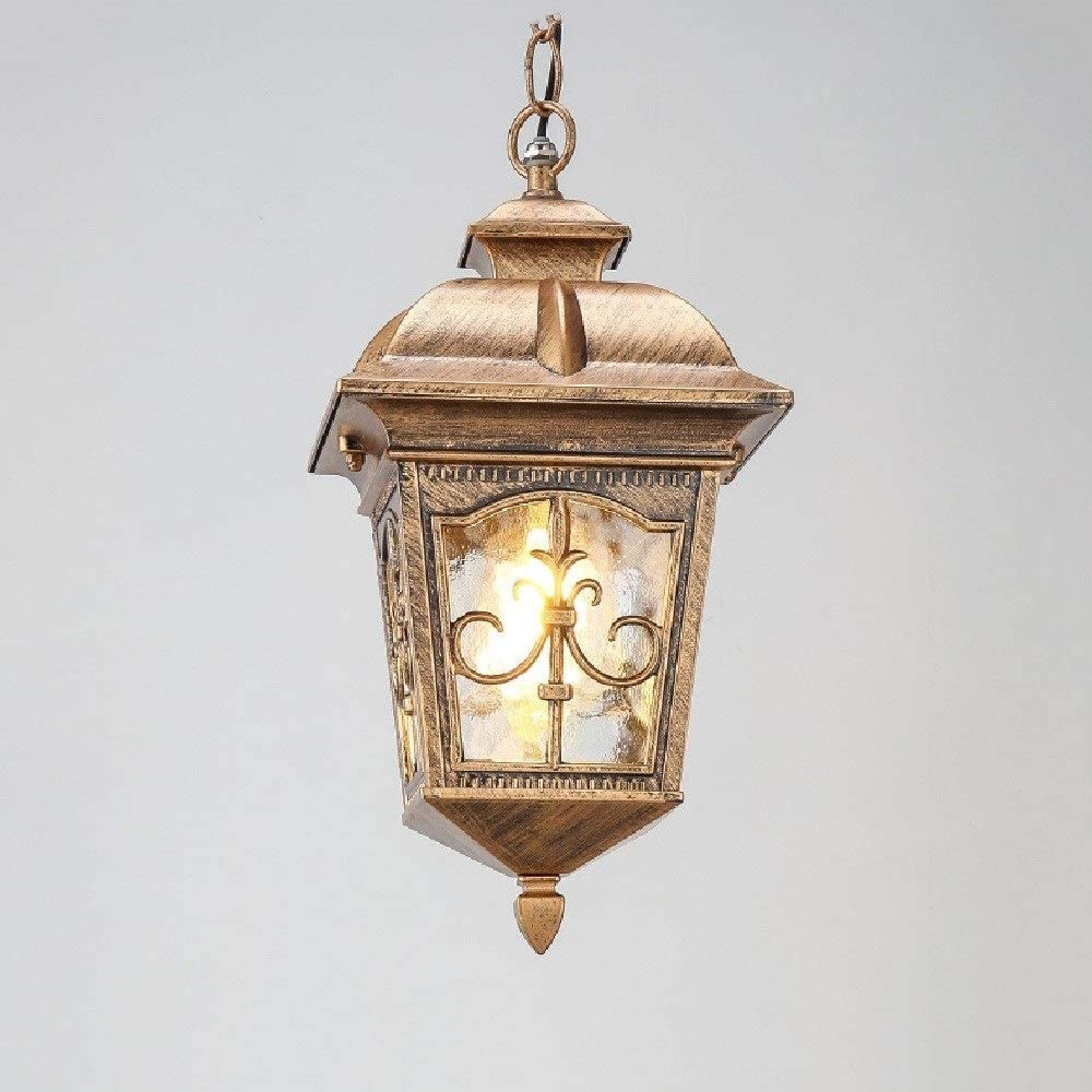 Easy Install Retro IP65 Waterproof Hammering Glass Lantern E27 Pendant Light European Patio Chandelier Outdoor Pavilions Garden Hanging Lamp Decor Villa Balcony Grape Rack Lighting ( Color : Brass , S