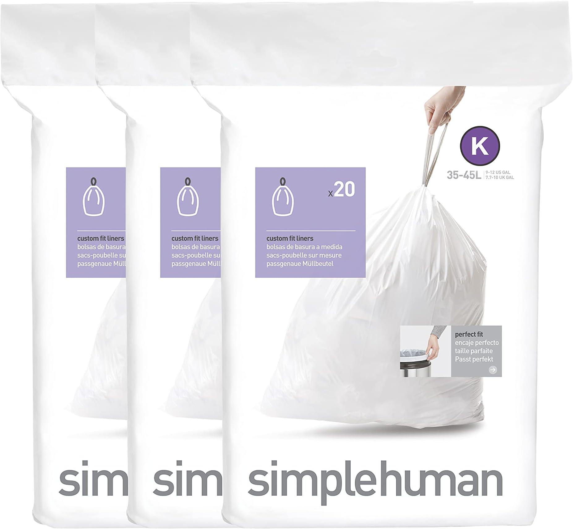 simplehuman CW0260 code K Custom Fit Bin Liner Bulk Pack, White Plastic (3 Pack of 20, Total 60 Liners)