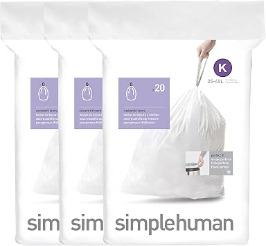 simplehuman CW0260 code K Custom Fit Bin Liner Bulk Pack, White Plastic 3 Pack of 20, Total 60 Liners