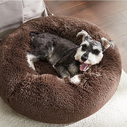 Image of Bedsure Calming Dog Bed for Small Dogs - Donut Washable Small Pet Bed, 23 inches Anti-Slip Round Fluffy Plush Faux Fur Large Cat Bed, Fits up to 25 lbs Pets, Coffee