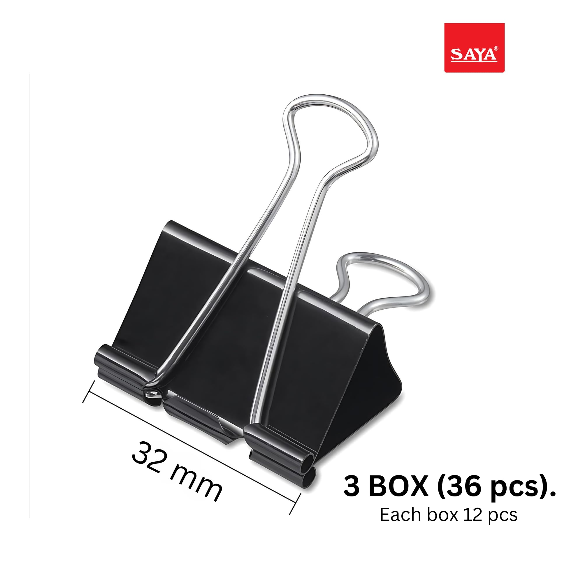 SAYA Binder-Clips - 36 Stück (3 Boxen) Rostbeständiges, langlebiges Metall, dichter Federgriff, Bogenecken-Design, wiederverwendbare Büroklammern für Büro, Zuhause, Schule, schwarzes Büroklammer-Set