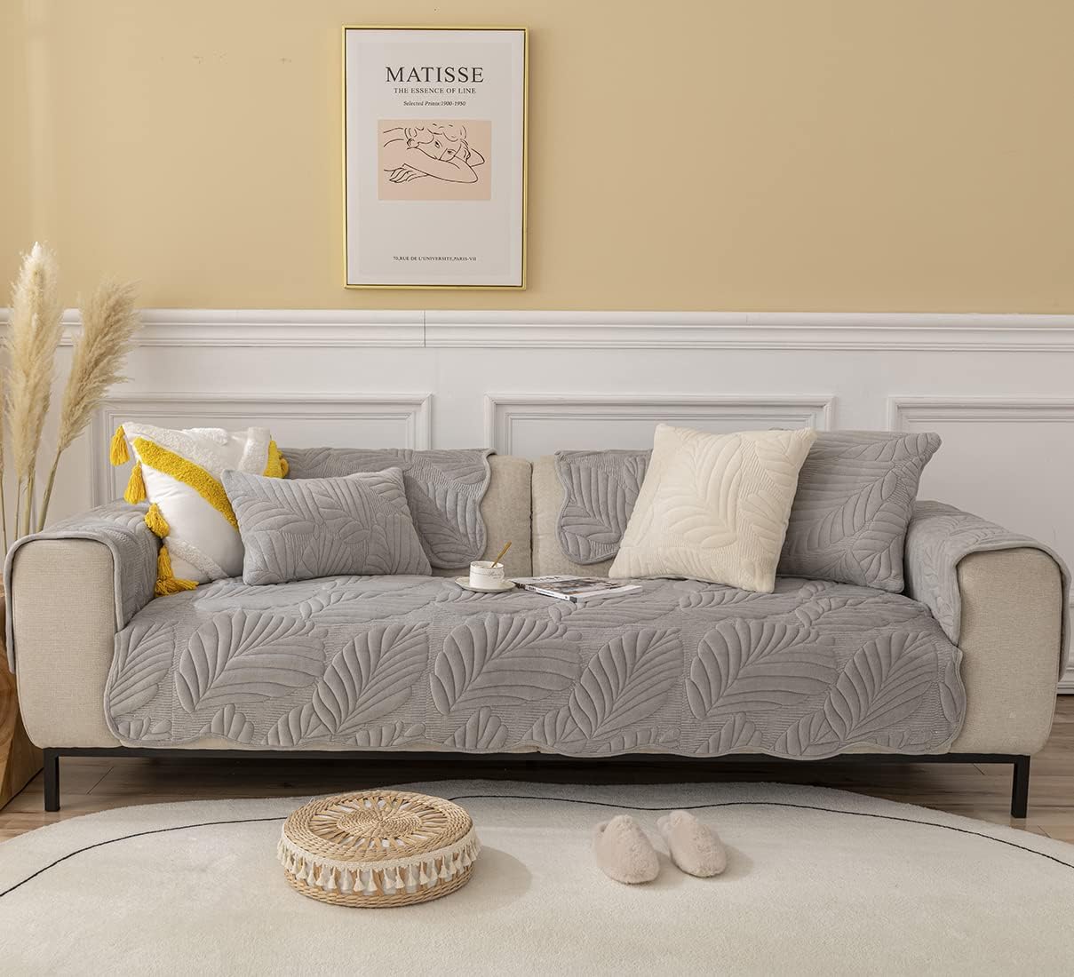 vctops Leaves Pattern Plush Sofa Cover Super Soft Warm Sectional Couch Cover Non-Slip Sofa Slipcover for Dogs, Cats, Kids, Pets Furniture Protector (Light Grey,36"x82")