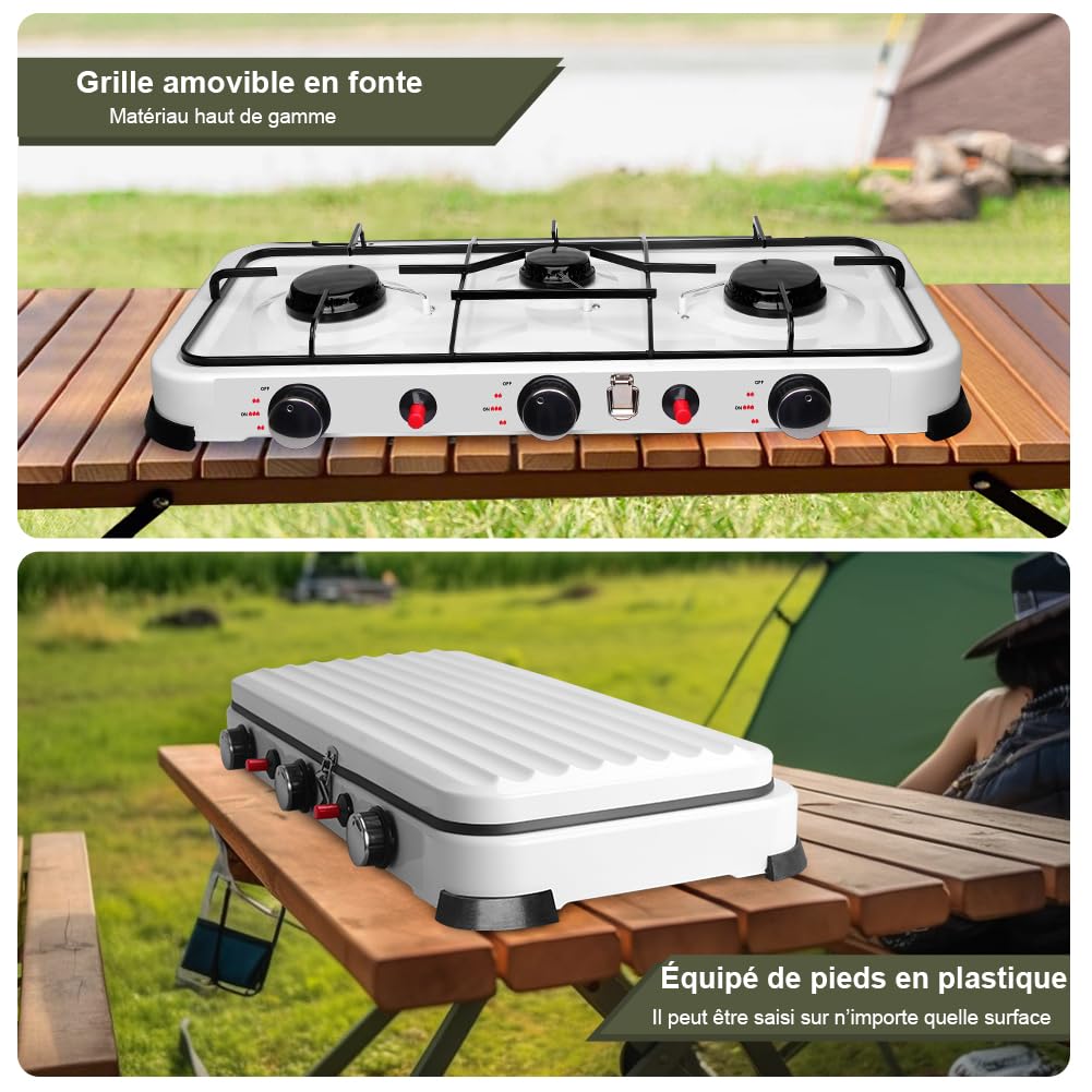 Réchaud de Camping 3 Feux 5.4kW Auto Allumage Piézo avec Tuyaux 150 cm et Régulateur 37 mbar Blanc