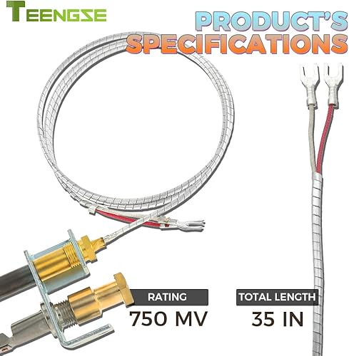 Miniatura 3 de Quemador piloto y ensamblaje de termopila de 750 milivoltios, cables propios de 36 pulgadas con cubierta de fibra de vidrio de aluminio para