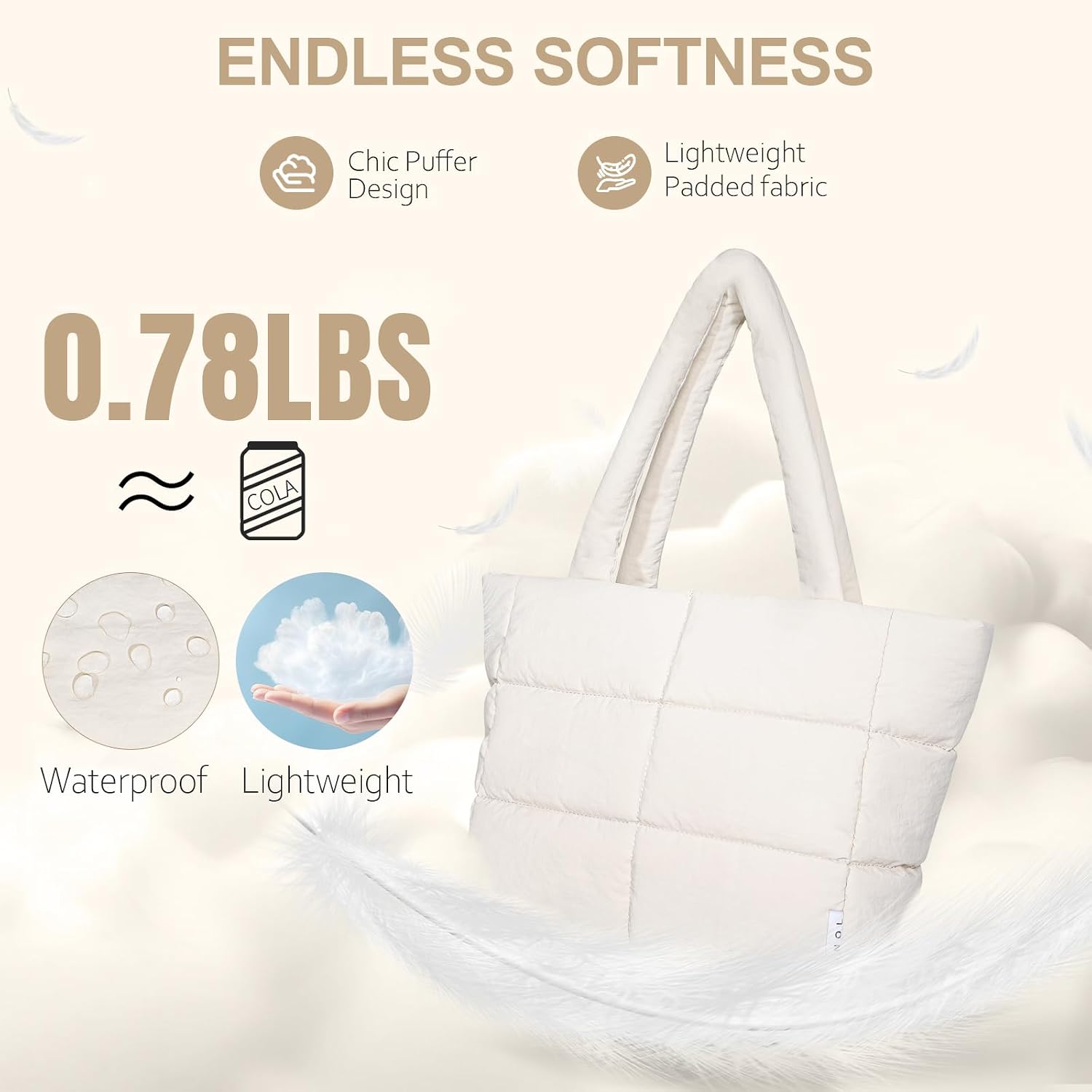 NOL Large Puffy Quilted Tote Bag for Women, Lightweight with Removable Strap & Zippered Compartments for Travel & Work